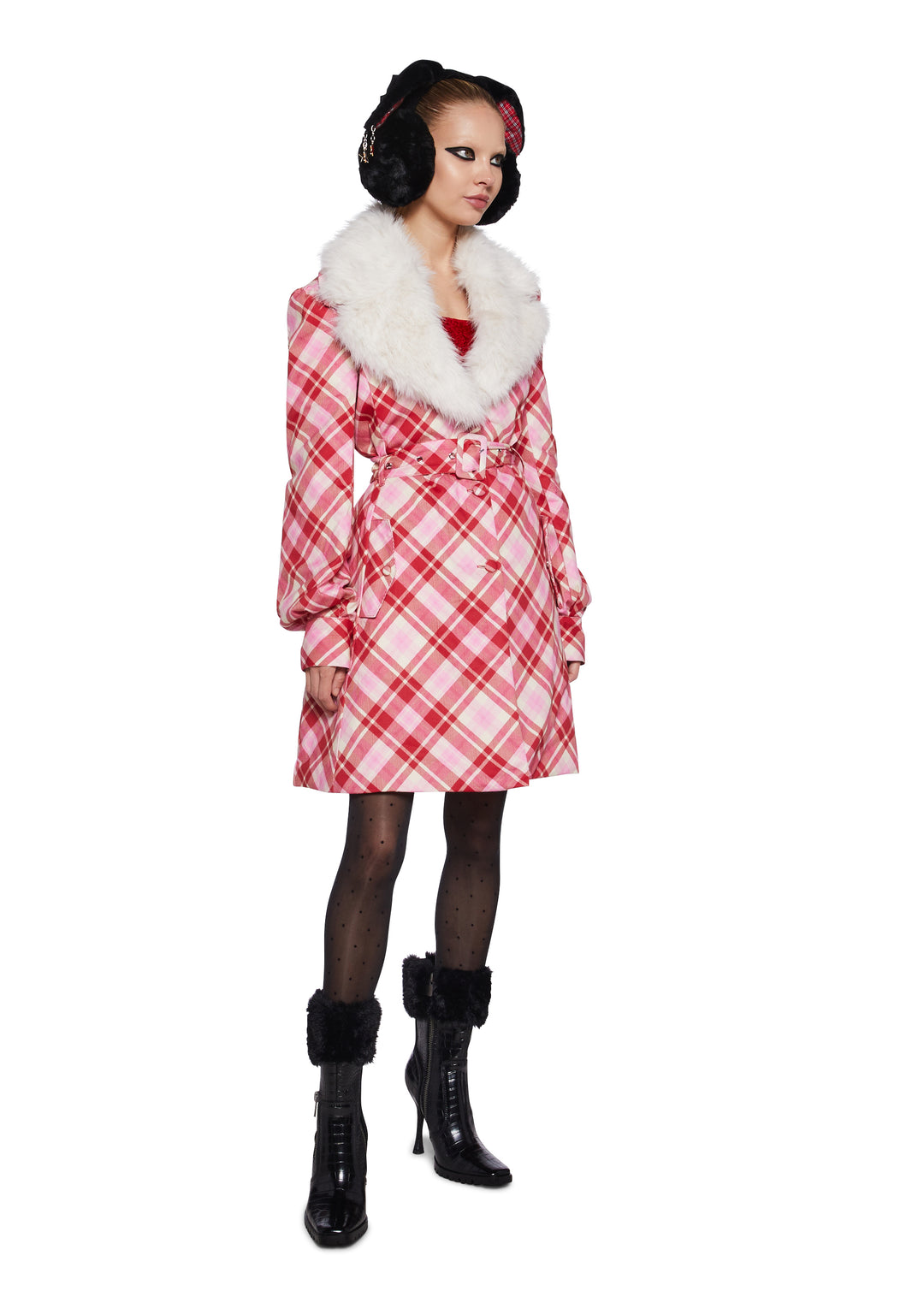 Womens Plaid Trench Coat With Faux Fur Collar Sugar Thrillz - Multi - Image 3