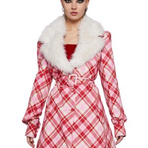 Womens Plaid Trench Coat With Faux Fur Collar Sugar Thrillz - Multi