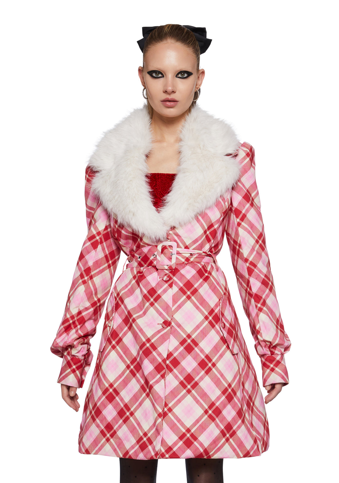 Womens Plaid Trench Coat With Faux Fur Collar Sugar Thrillz - Multi