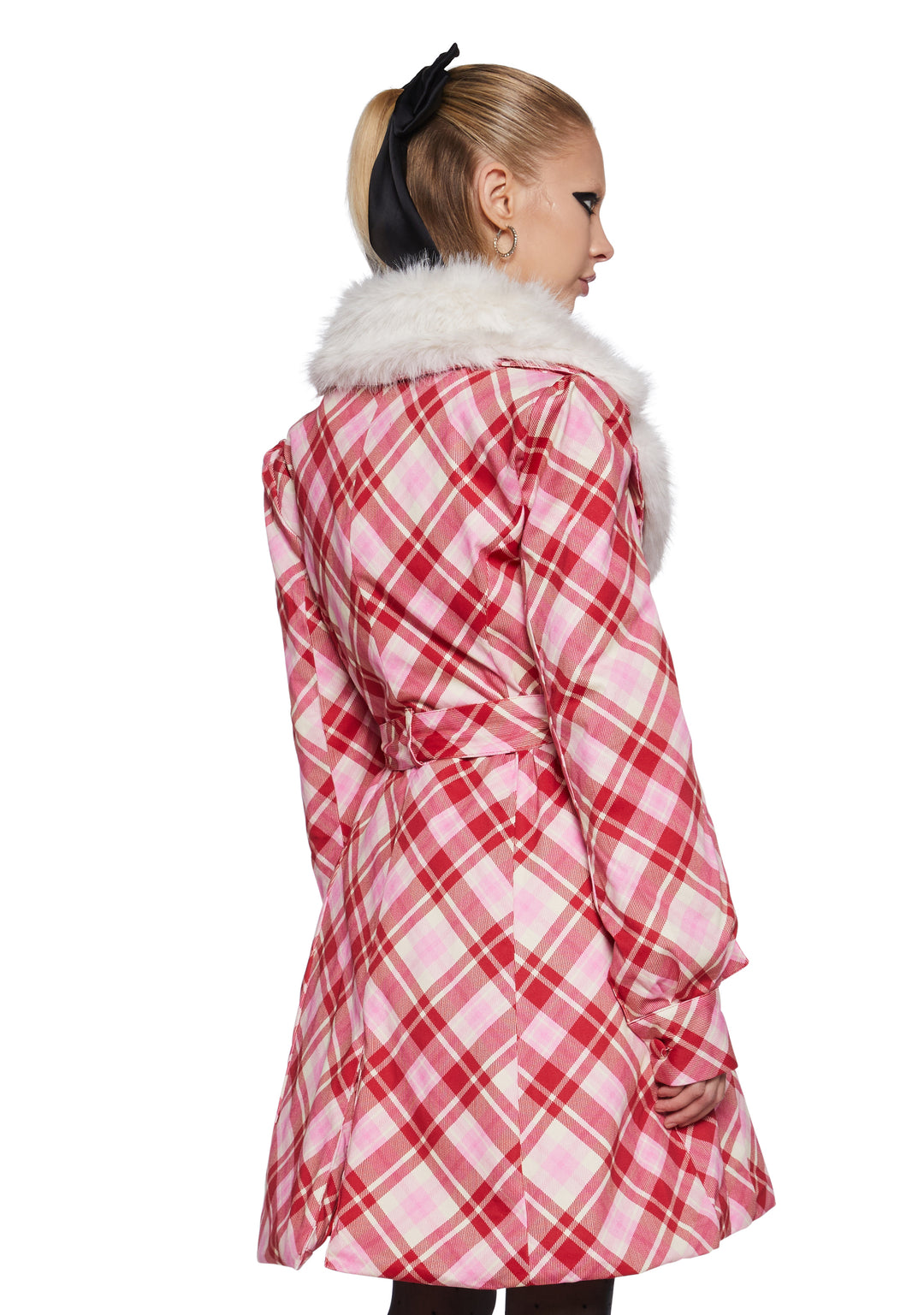 Womens Plaid Trench Coat With Faux Fur Collar Sugar Thrillz - Multi - Image 4