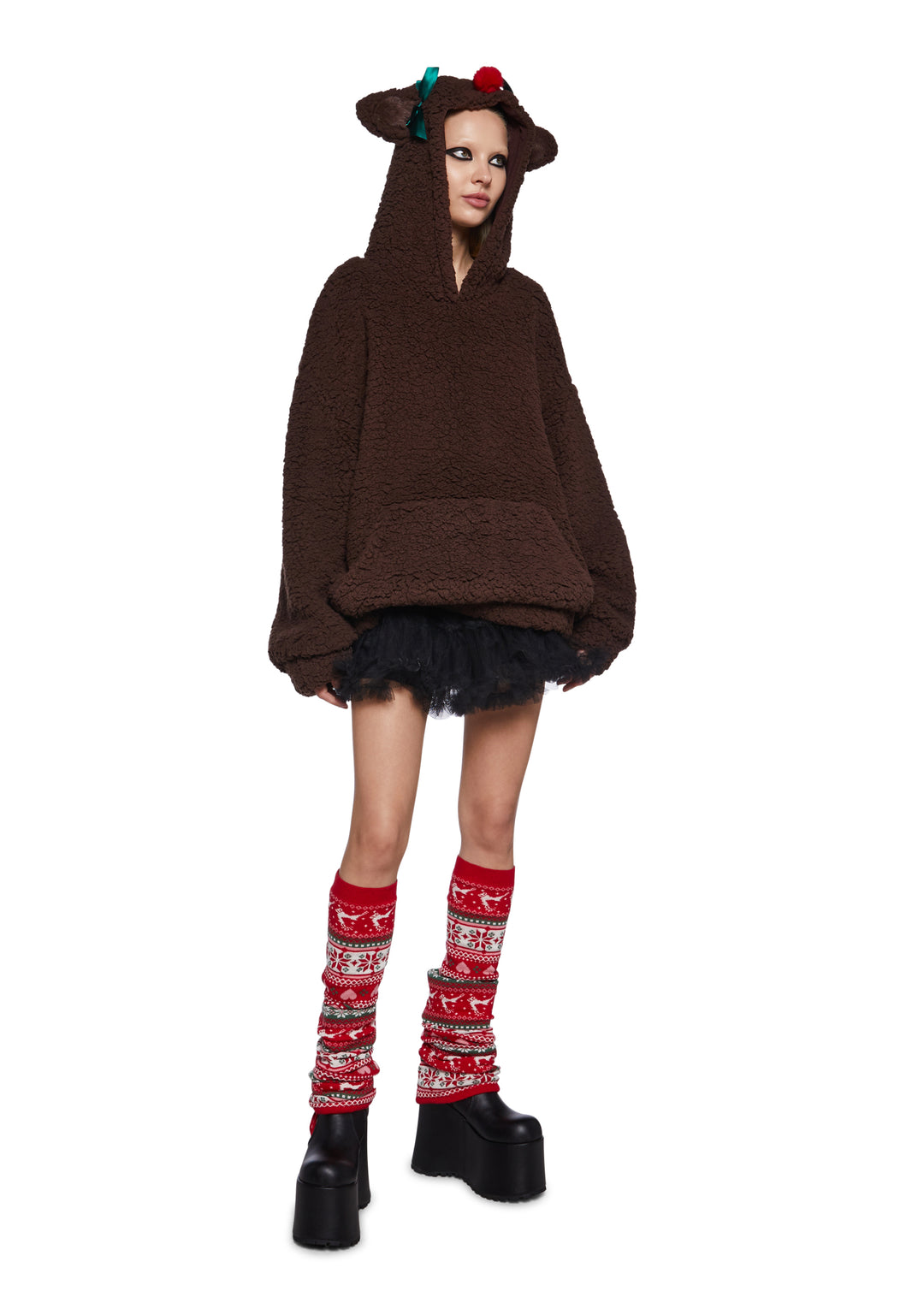 Oversized Reindeer Sherpa Hoodie Sugar Thrillz - Brown - Image 5