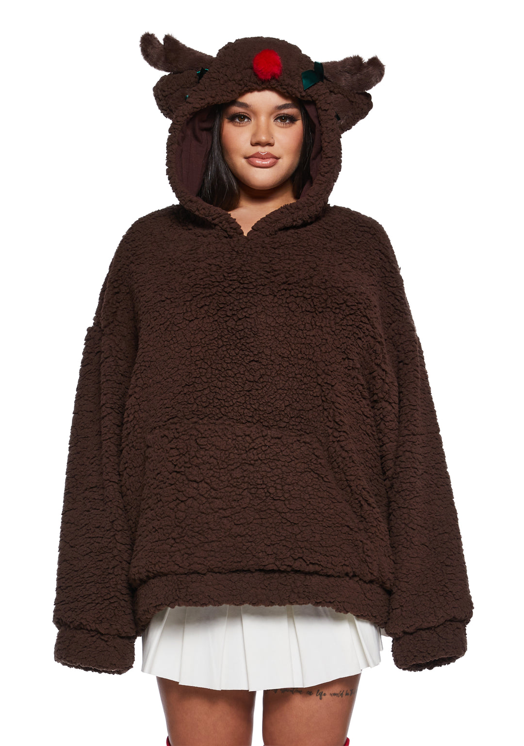 Oversized Reindeer Sherpa Hoodie Sugar Thrillz - Brown - Image 2
