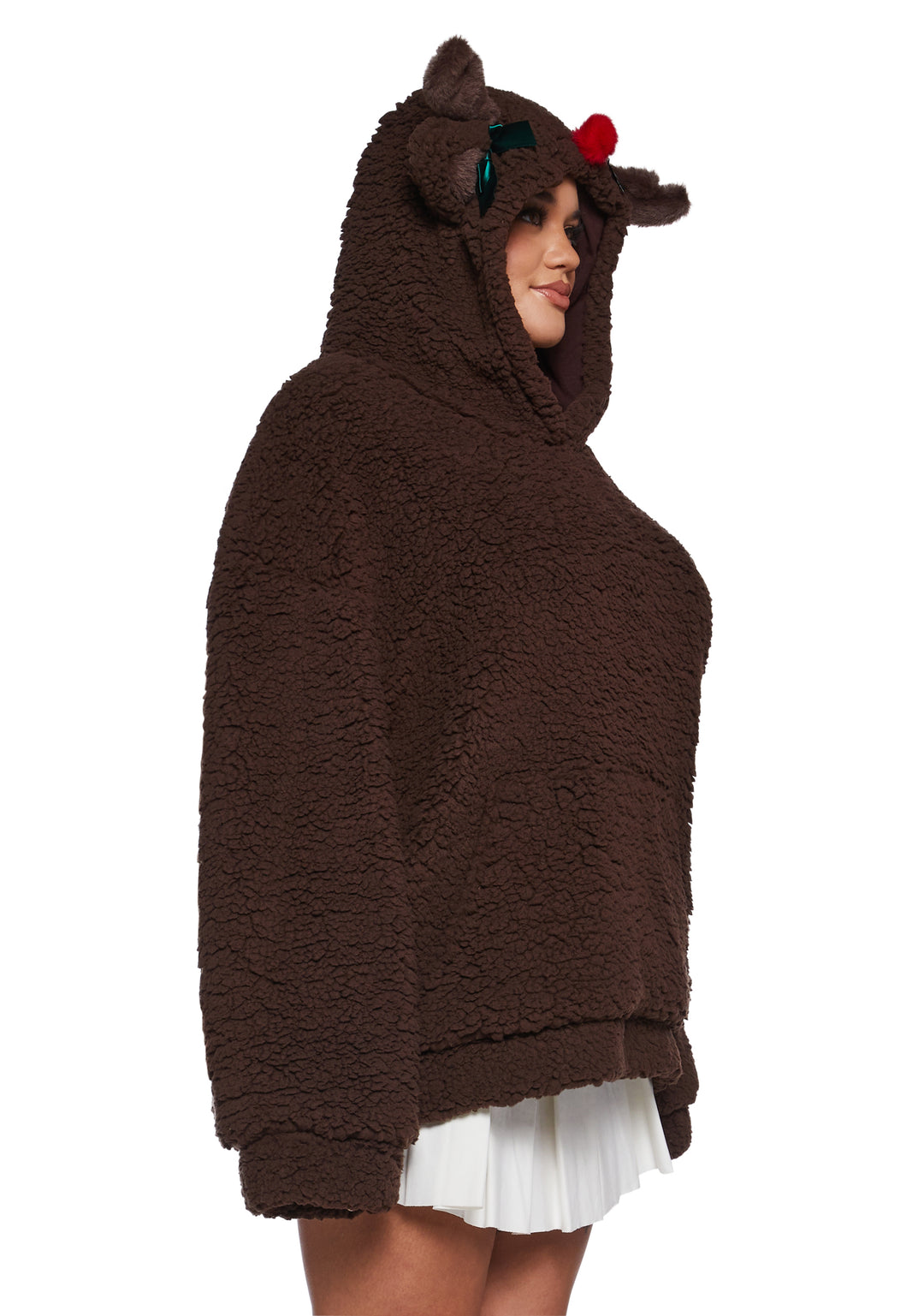 Oversized Reindeer Sherpa Hoodie Sugar Thrillz - Brown - Image 7