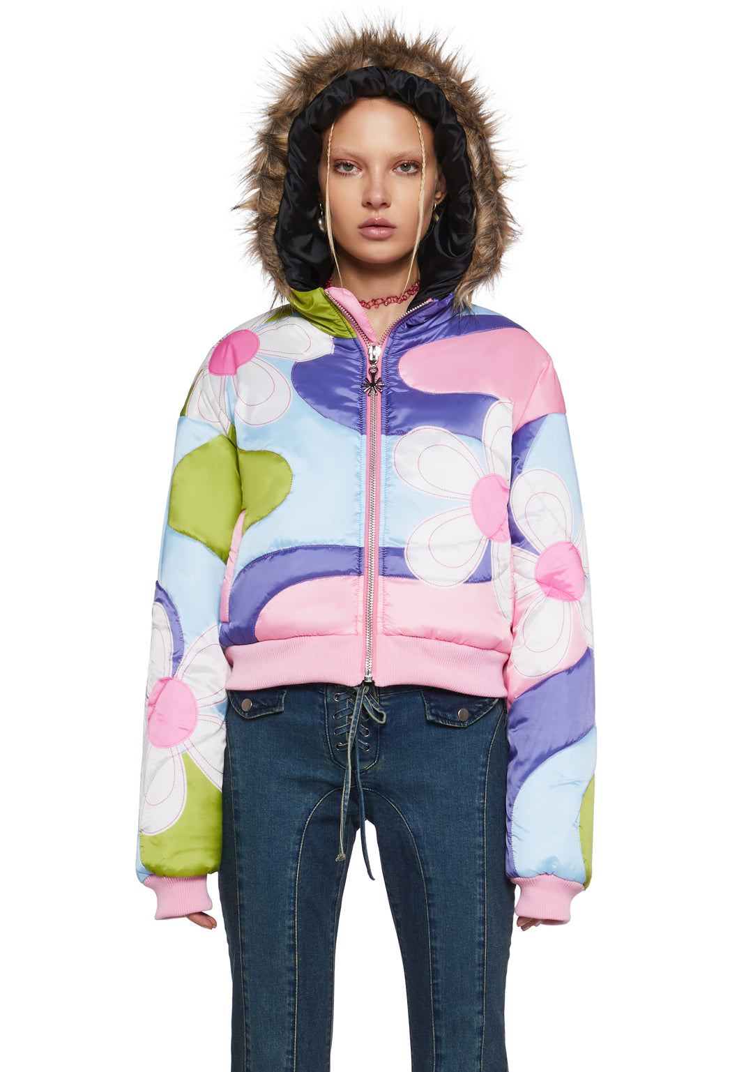 Womens Daisy Colorblock Cropped Puffer Jacket Delia's - Multi