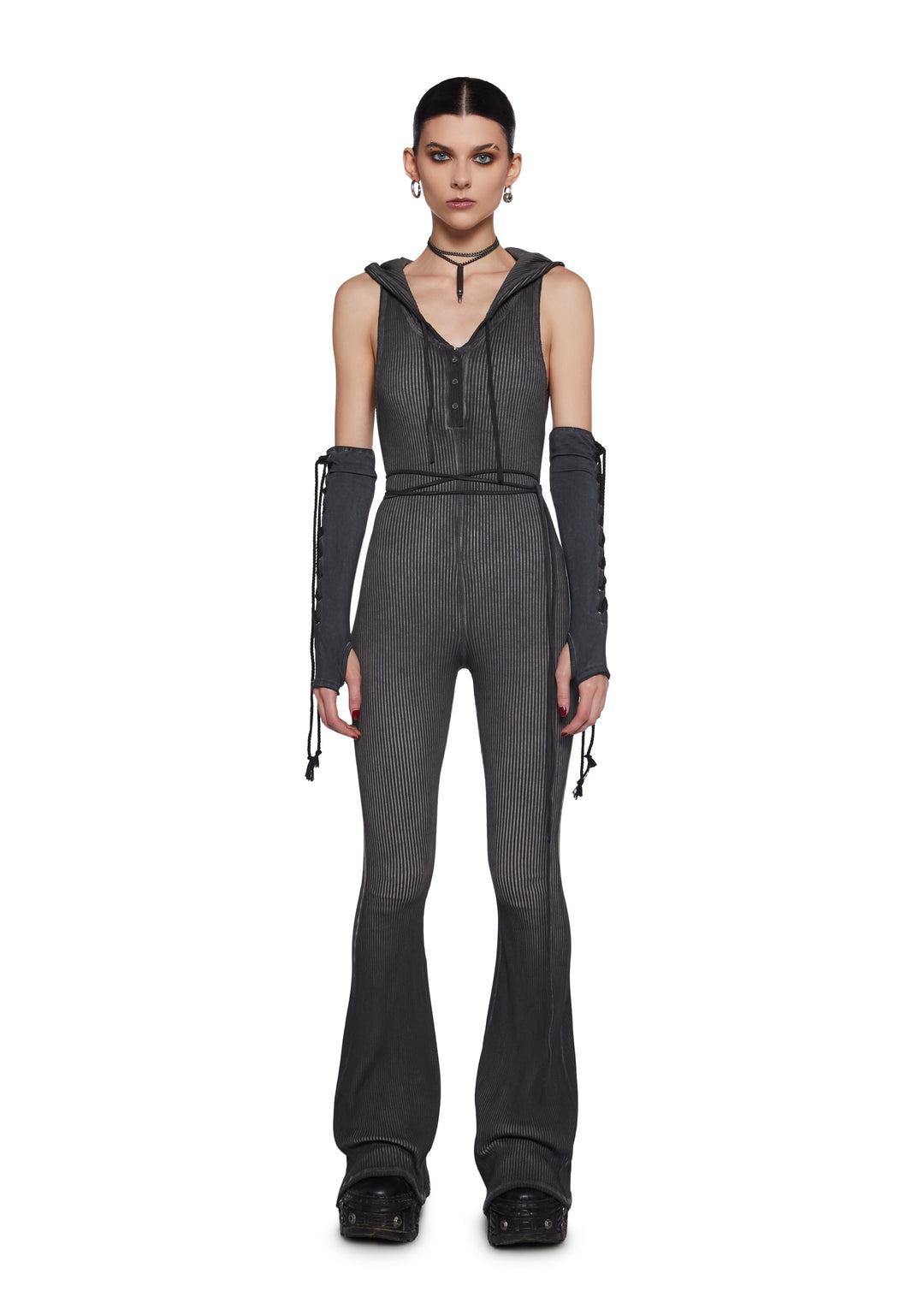 Stretchy Washed Ribbed Knit Cutout Wrap Hooded Jumpsuit - Gray