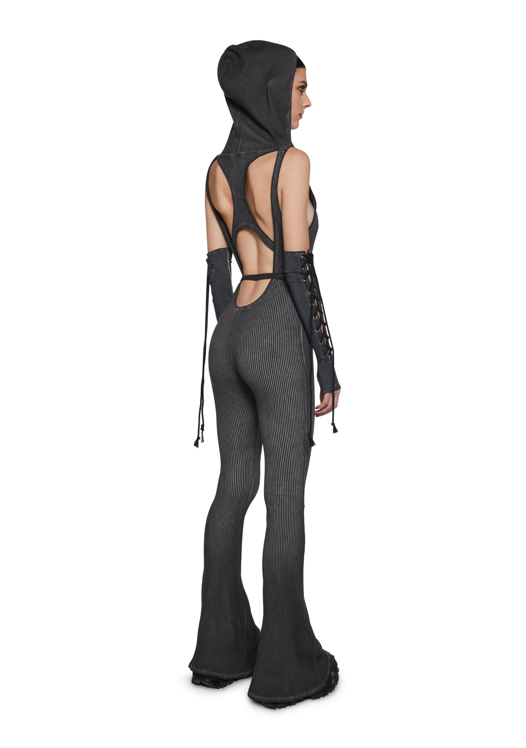 Stretchy Washed Ribbed Knit Cutout Wrap Hooded Jumpsuit - Gray - Image 4