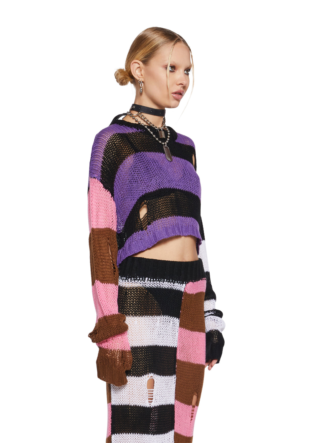 Womens Striped Sheer Open Knit Long Sleeve Top And Skirt Set - Multi - Image 2