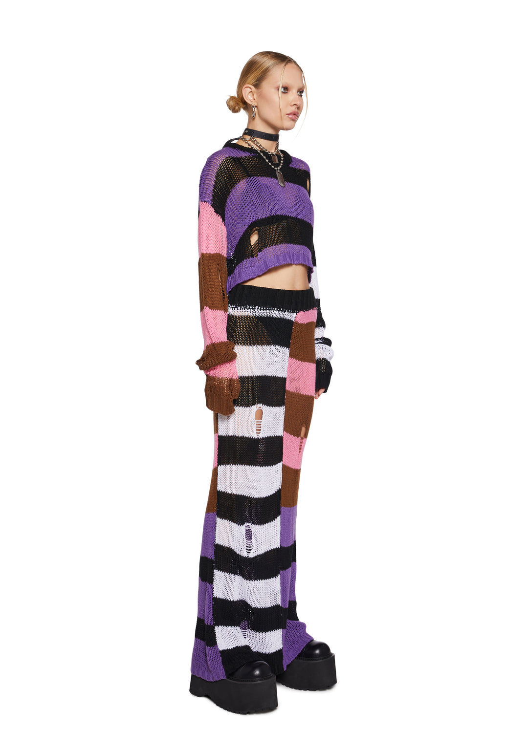 Womens Striped Sheer Open Knit Long Sleeve Top And Skirt Set - Multi - Image 3