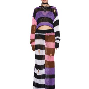 Womens Striped Sheer Open Knit Long Sleeve Top And Skirt Set - Multi