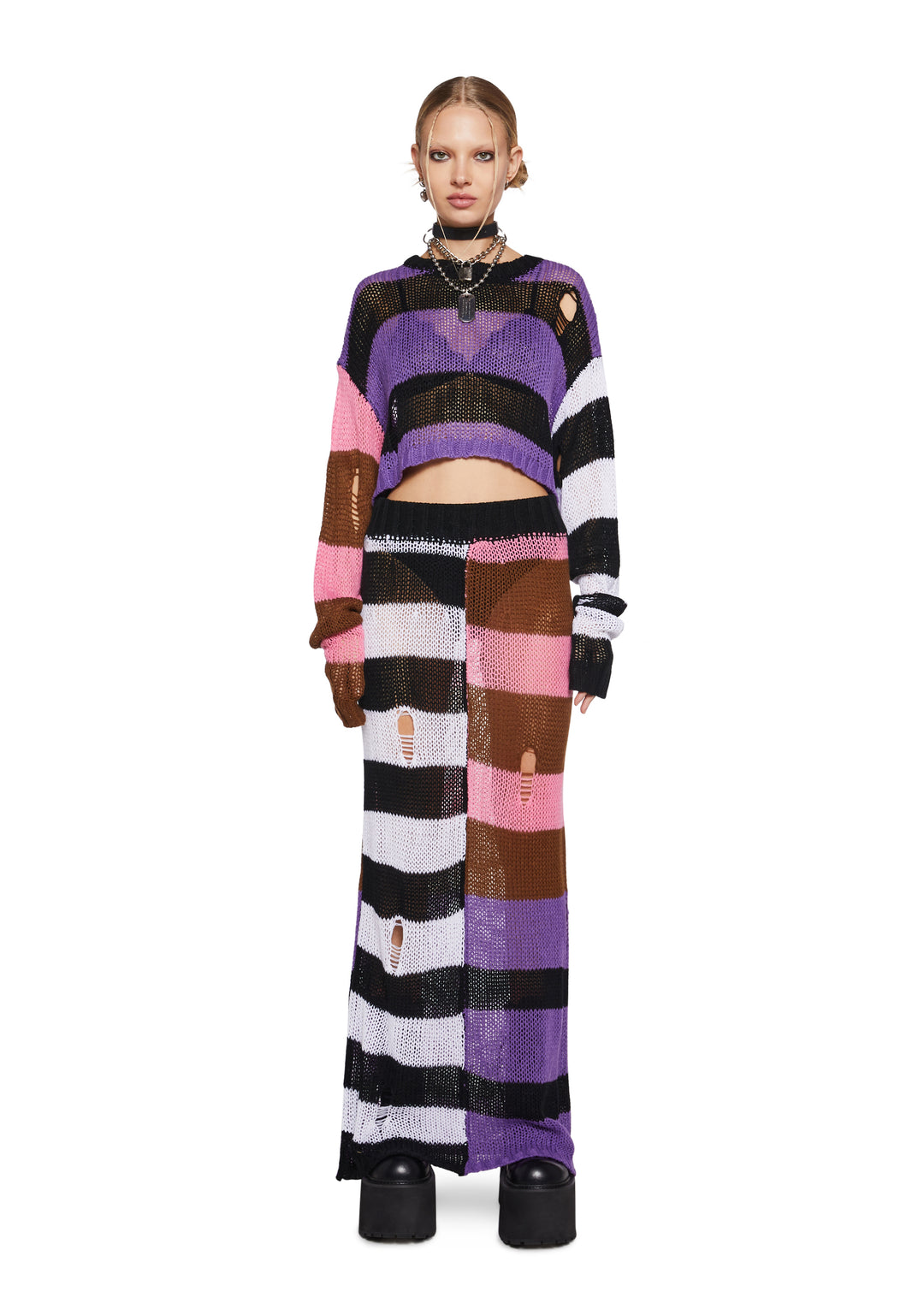 Womens Striped Sheer Open Knit Long Sleeve Top And Skirt Set - Multi
