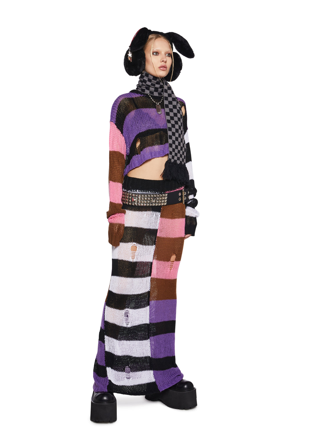 Womens Striped Sheer Open Knit Long Sleeve Top And Skirt Set - Multi - Image 5