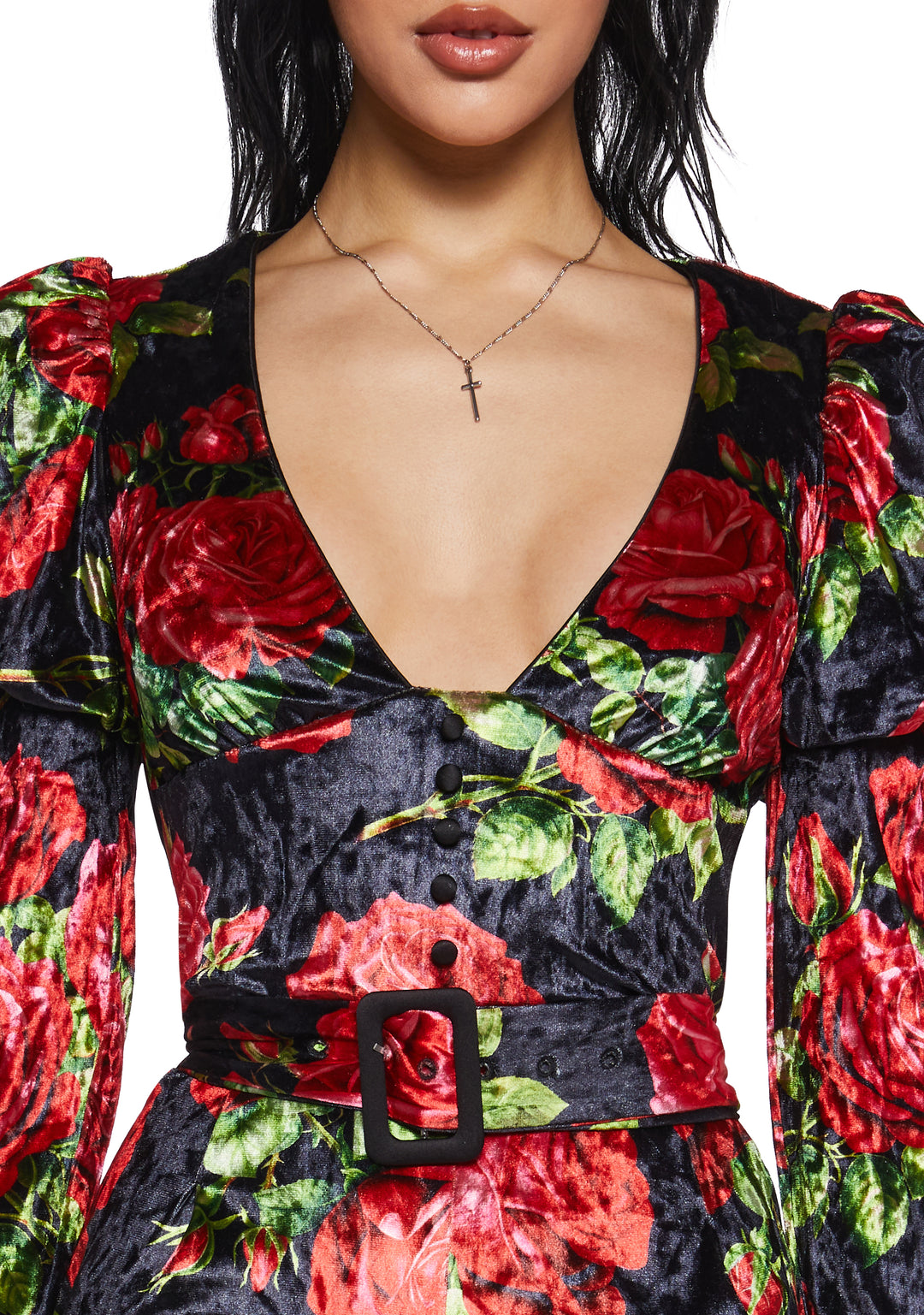 Rose Print Velvet Long Sleeve Romper Sugar Thrillz - Black/Red - Image 5