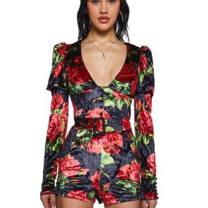 Rose Print Velvet Long Sleeve Romper Sugar Thrillz - Black/Red