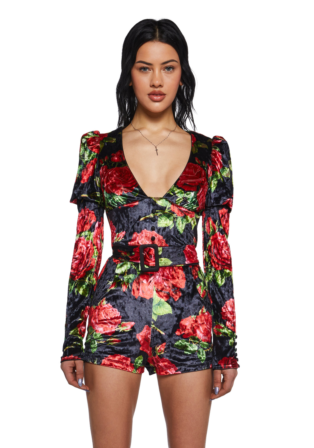 Rose Print Velvet Long Sleeve Romper Sugar Thrillz - Black/Red