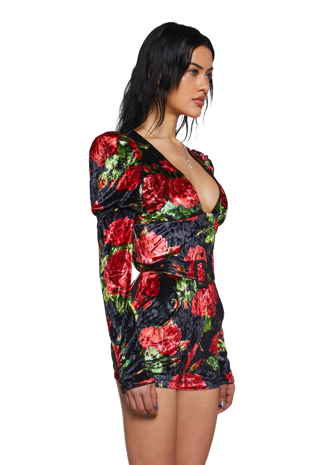Rose Print Velvet Long Sleeve Romper Sugar Thrillz - Black/Red - Image 3
