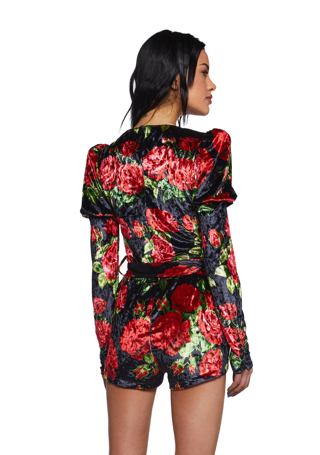Rose Print Velvet Long Sleeve Romper Sugar Thrillz - Black/Red - Image 4