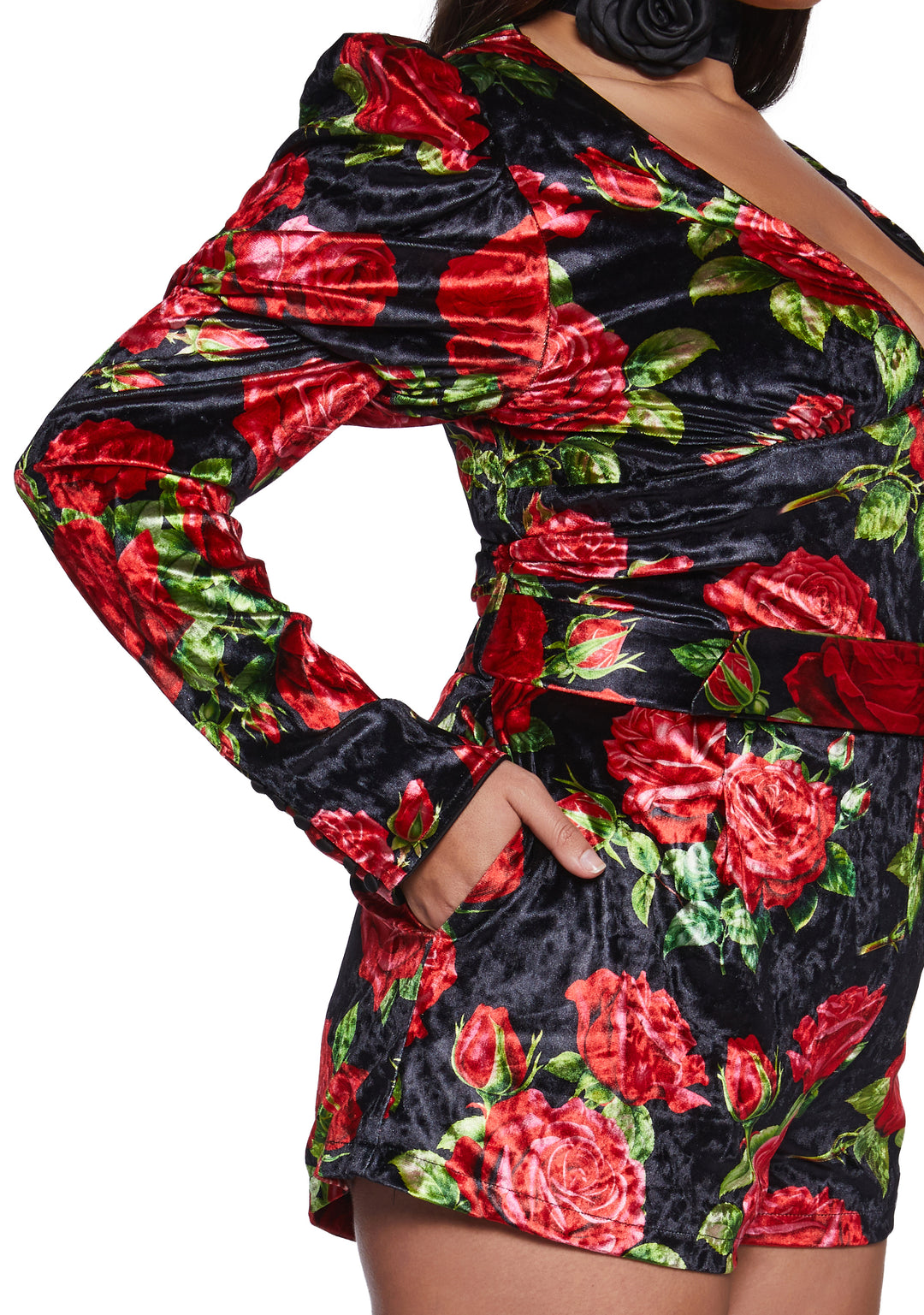 Rose Print Velvet Long Sleeve Romper Sugar Thrillz - Black/Red - Image 10