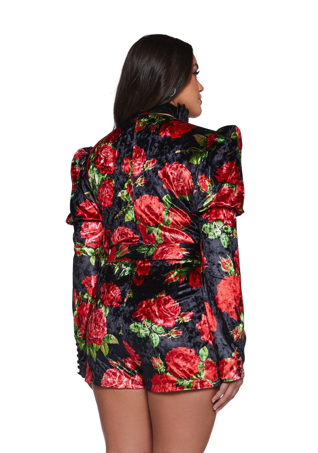 Rose Print Velvet Long Sleeve Romper Sugar Thrillz - Black/Red - Image 8