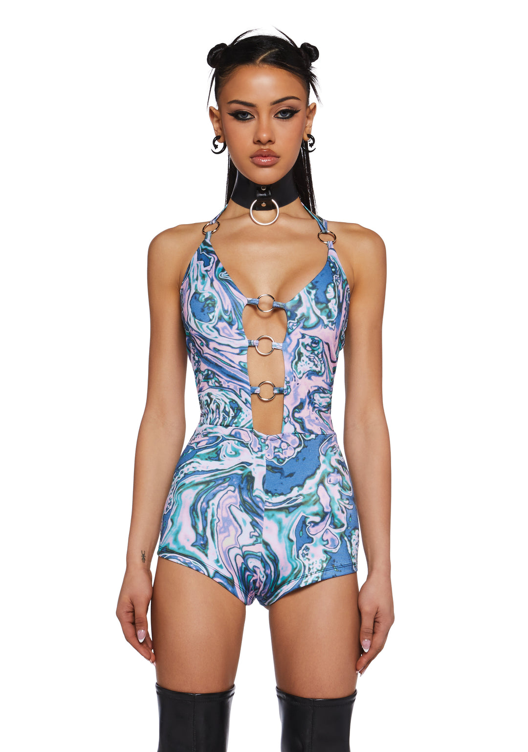Psychedelic Swirl Open Front O-Ring Romper Club Exx - Multi