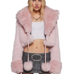 Faux Fur Pom-Pom Cropped Jacket Generation Kiss - Light Pink