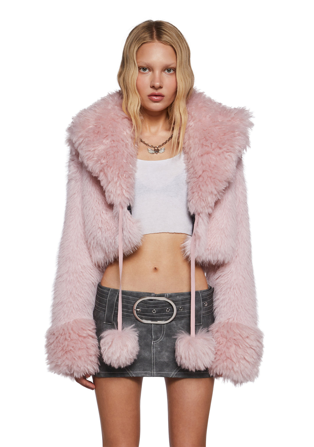 Faux Fur Pom-Pom Cropped Jacket Generation Kiss - Light Pink