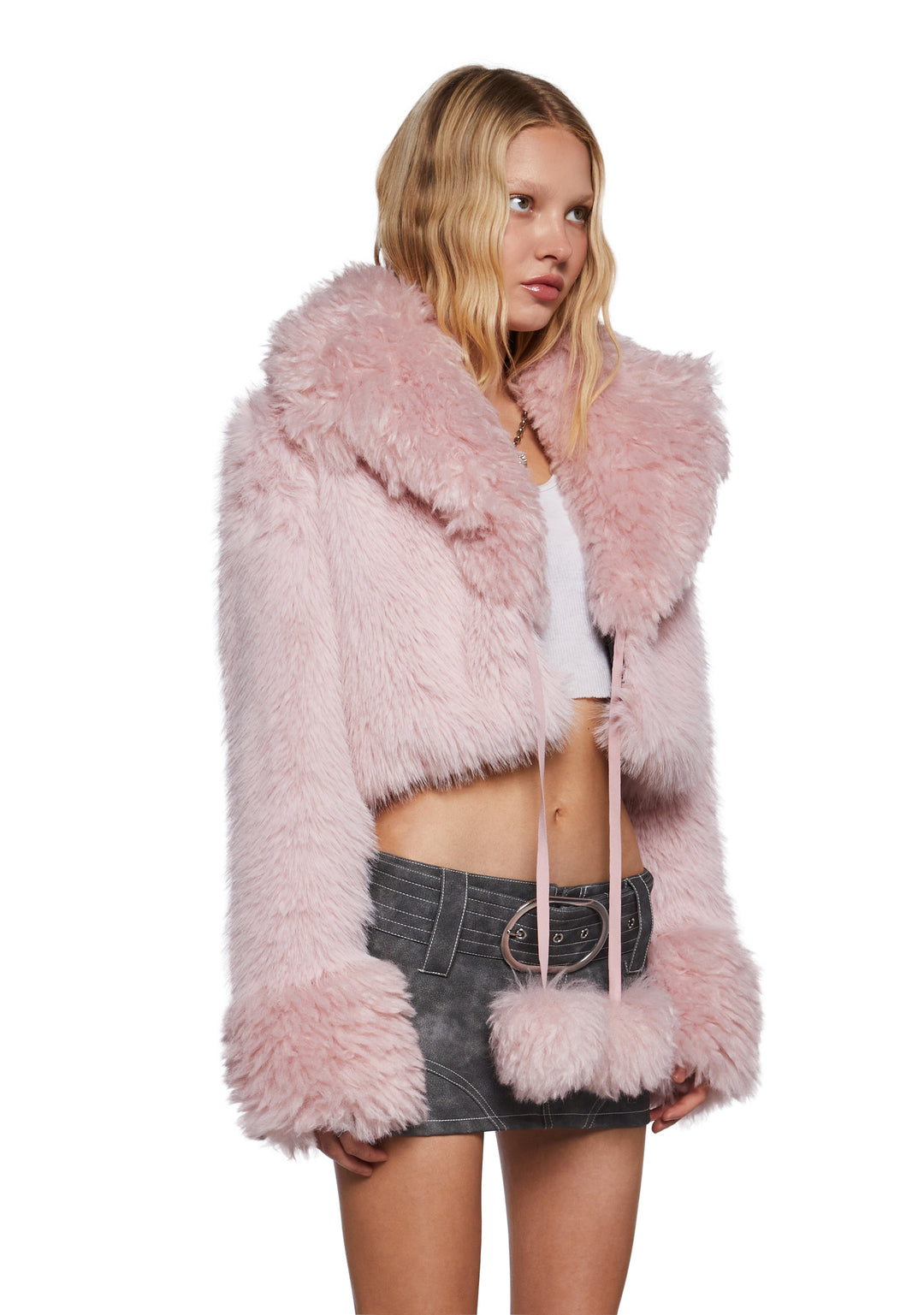 Faux Fur Pom-Pom Cropped Jacket Generation Kiss - Light Pink - Image 3
