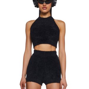 Fuzzy Knit Halter High Waisted Shorts Set Club Exx - Black