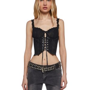 Sheer Leopard Mesh Satin Lace-Up Corset Top Current Mood - Black