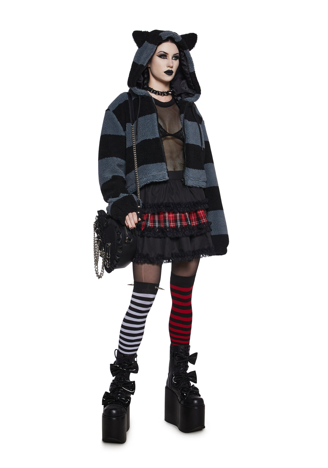 The Grave Girls Cropped Striped Cat Hooded Sherpa Jacket - Multi - Image 2