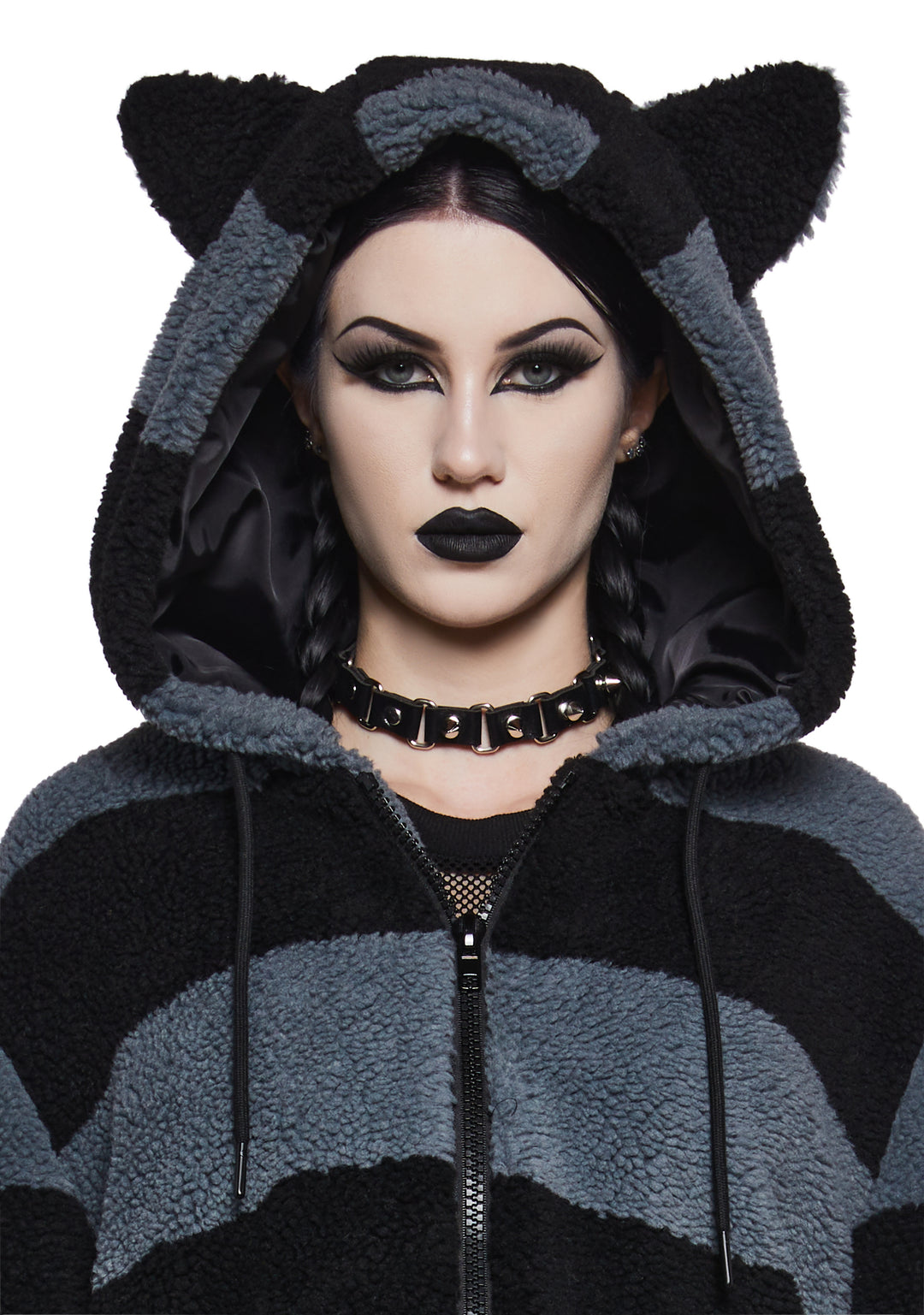 The Grave Girls Cropped Striped Cat Hooded Sherpa Jacket - Multi - Image 5