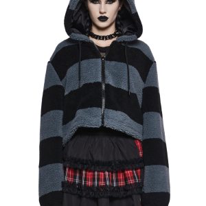 The Grave Girls Cropped Striped Cat Hooded Sherpa Jacket - Multi