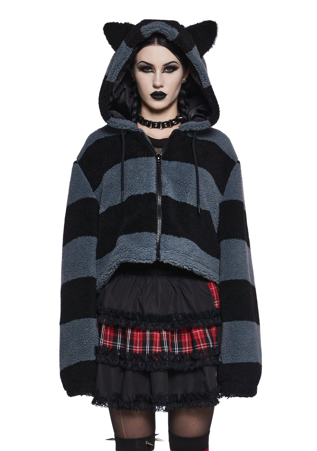 The Grave Girls Cropped Striped Cat Hooded Sherpa Jacket - Multi