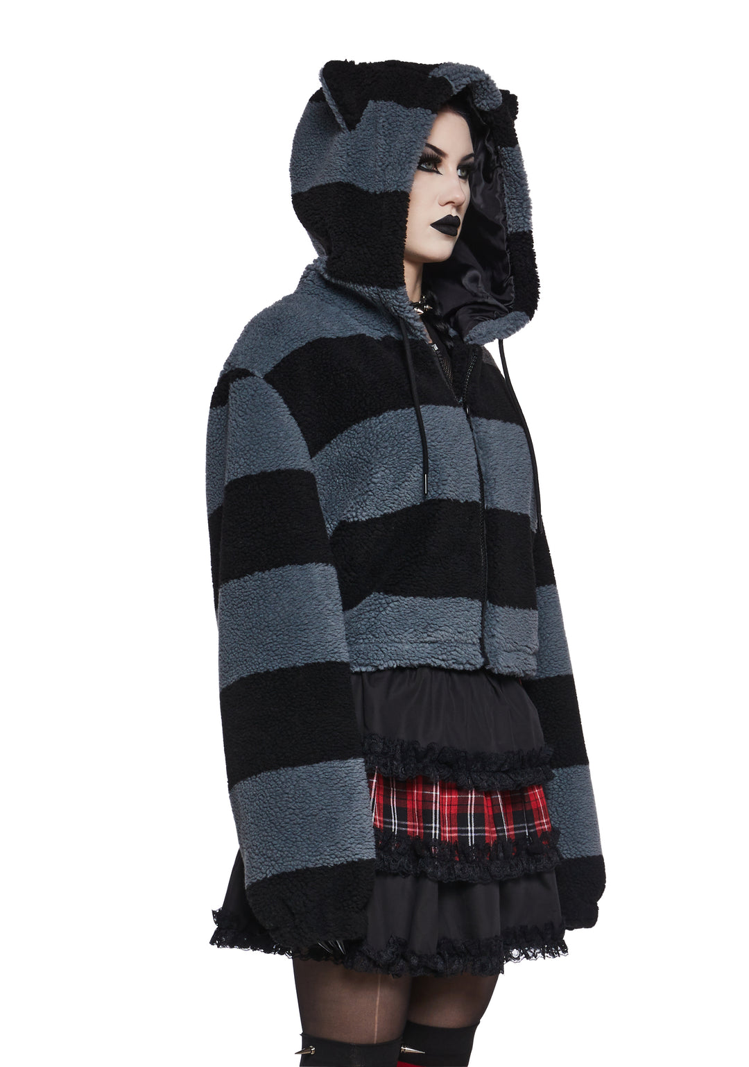The Grave Girls Cropped Striped Cat Hooded Sherpa Jacket - Multi - Image 3