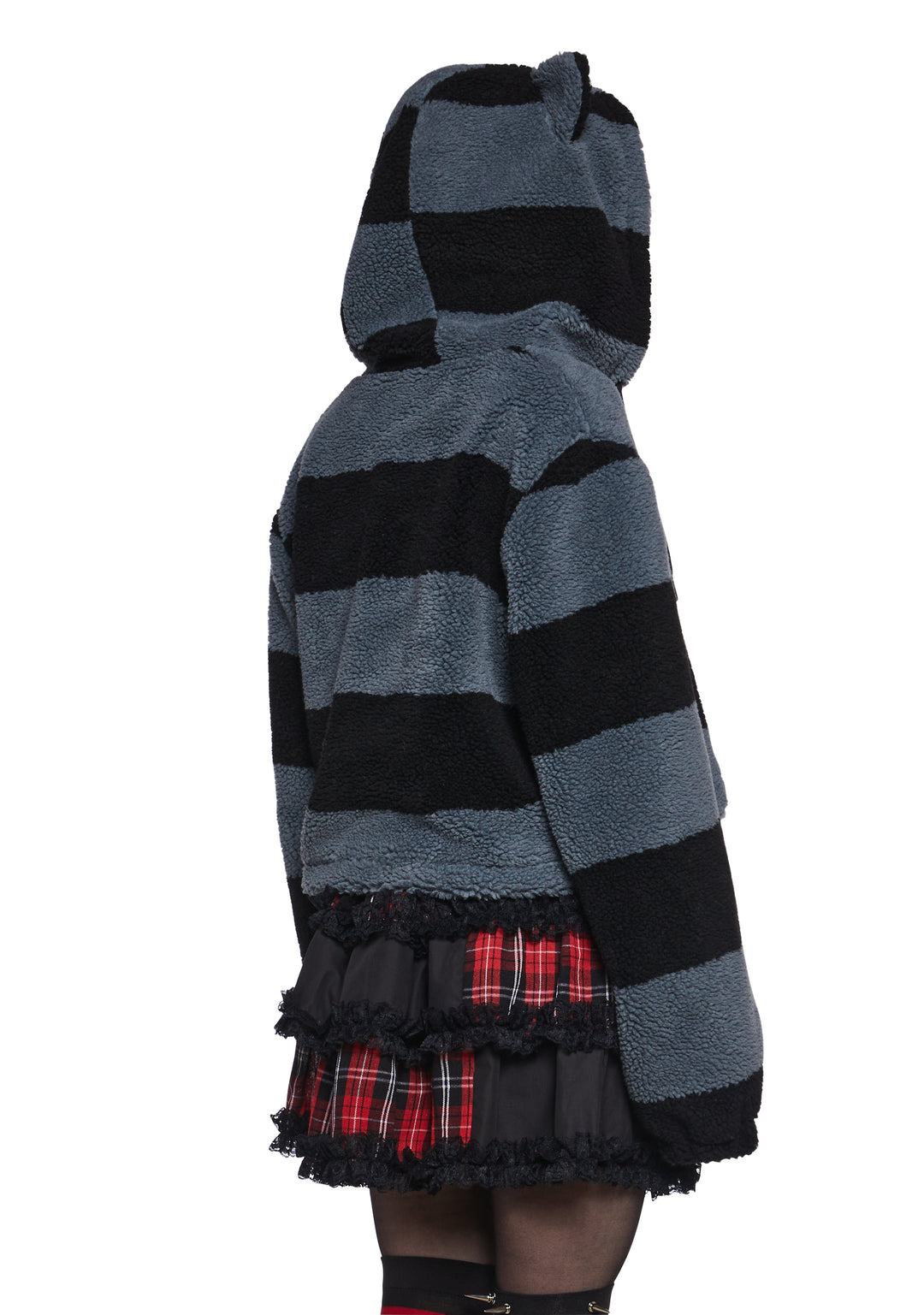 The Grave Girls Cropped Striped Cat Hooded Sherpa Jacket - Multi - Image 4