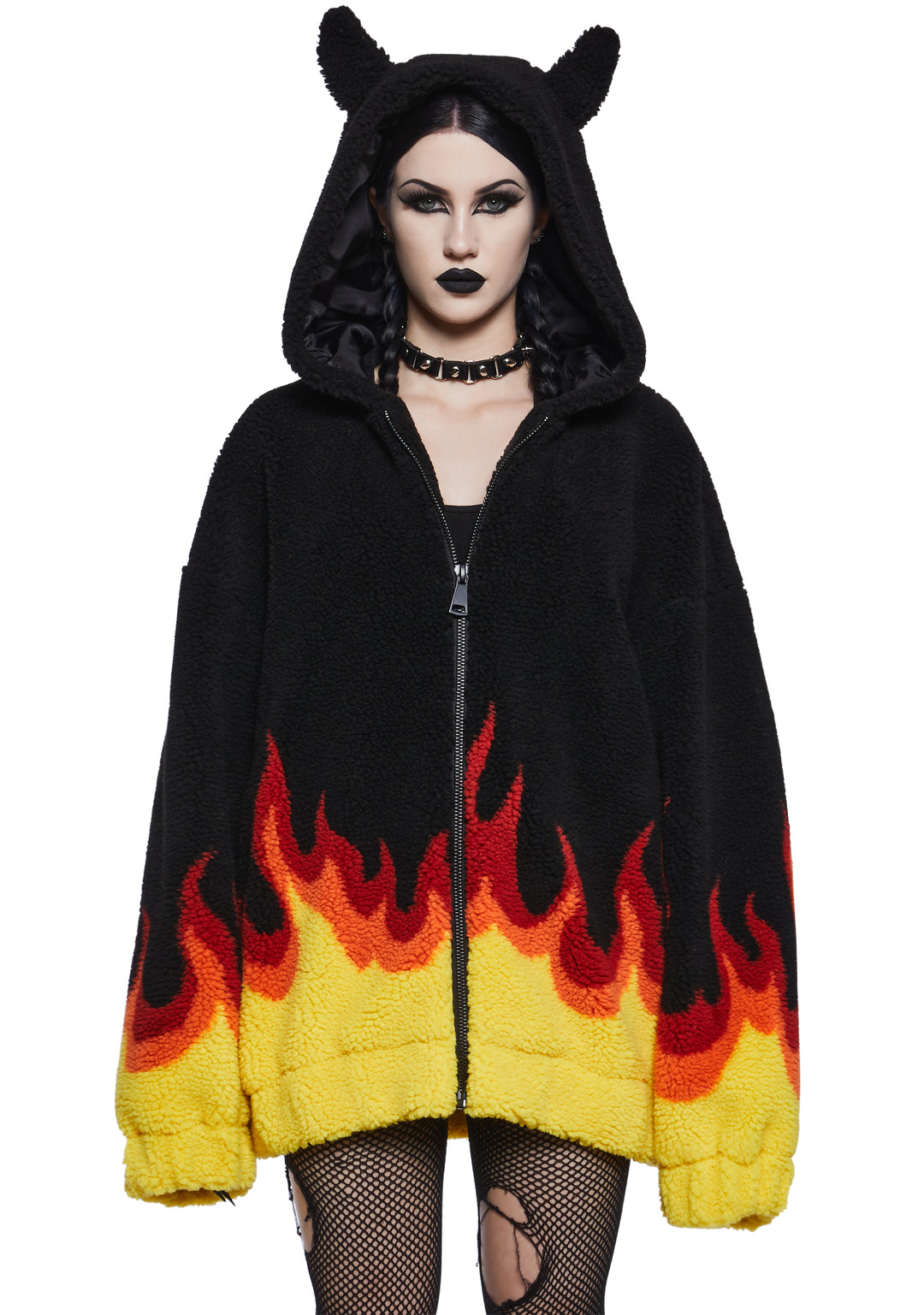 Flame Hooded Sherpa Jacket With Horns The Grave Girls - Multi