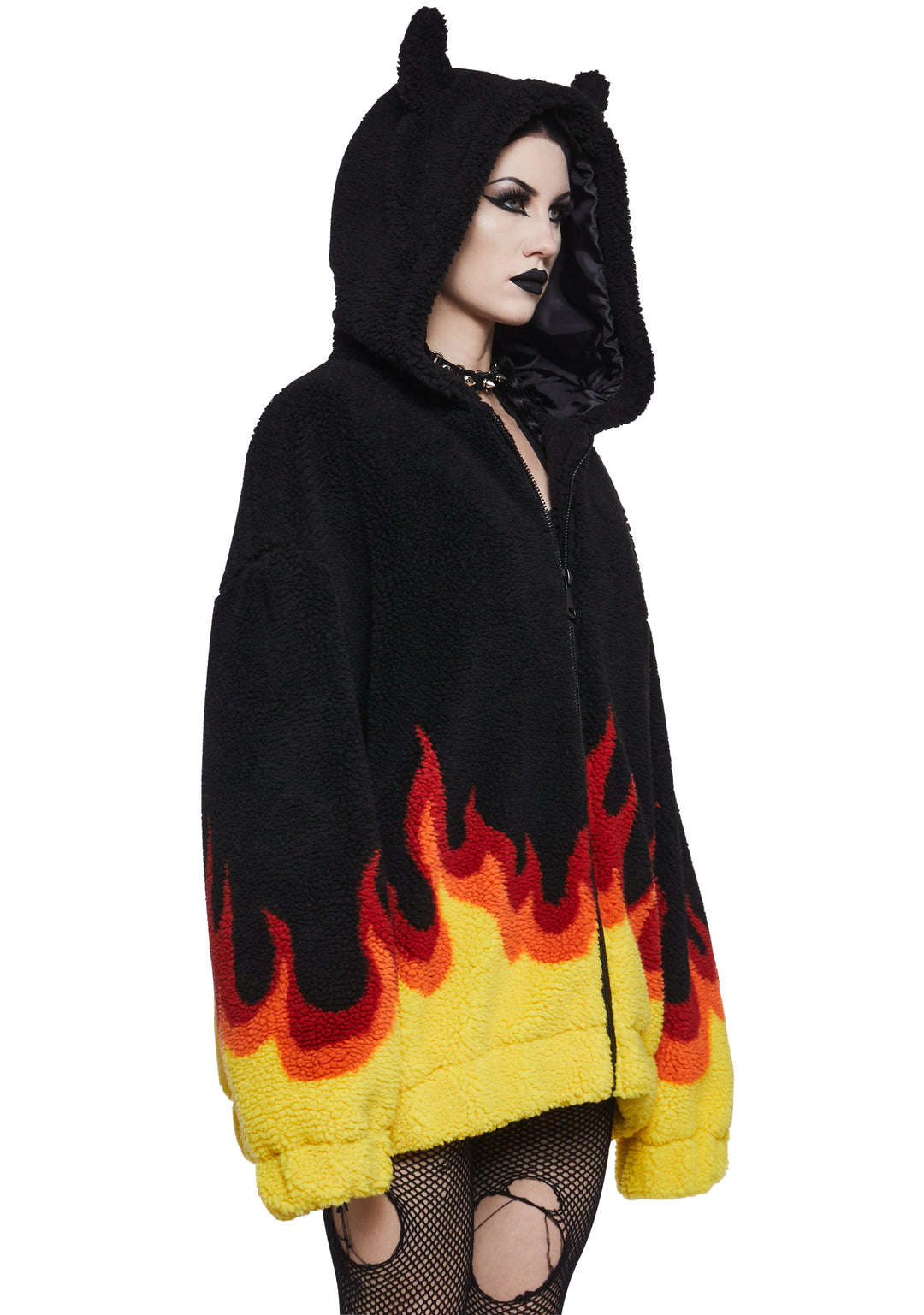 Flame Hooded Sherpa Jacket With Horns The Grave Girls - Multi - Image 3