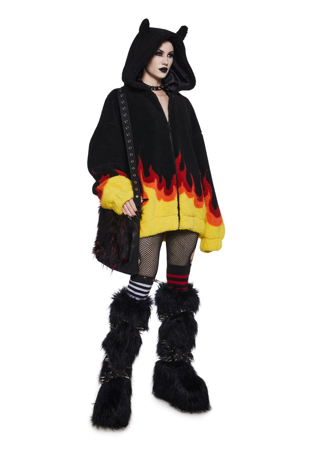 Flame Hooded Sherpa Jacket With Horns The Grave Girls - Multi - Image 2
