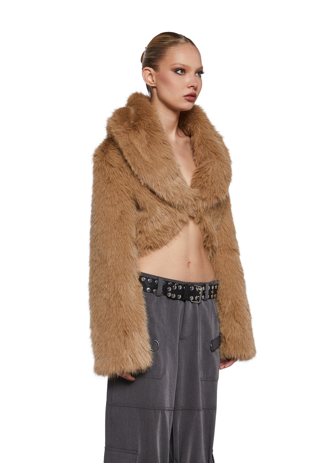 Womens Sexy Faux Fur Cropped Bolero Coat Generation Kiss - Beige - Image 3