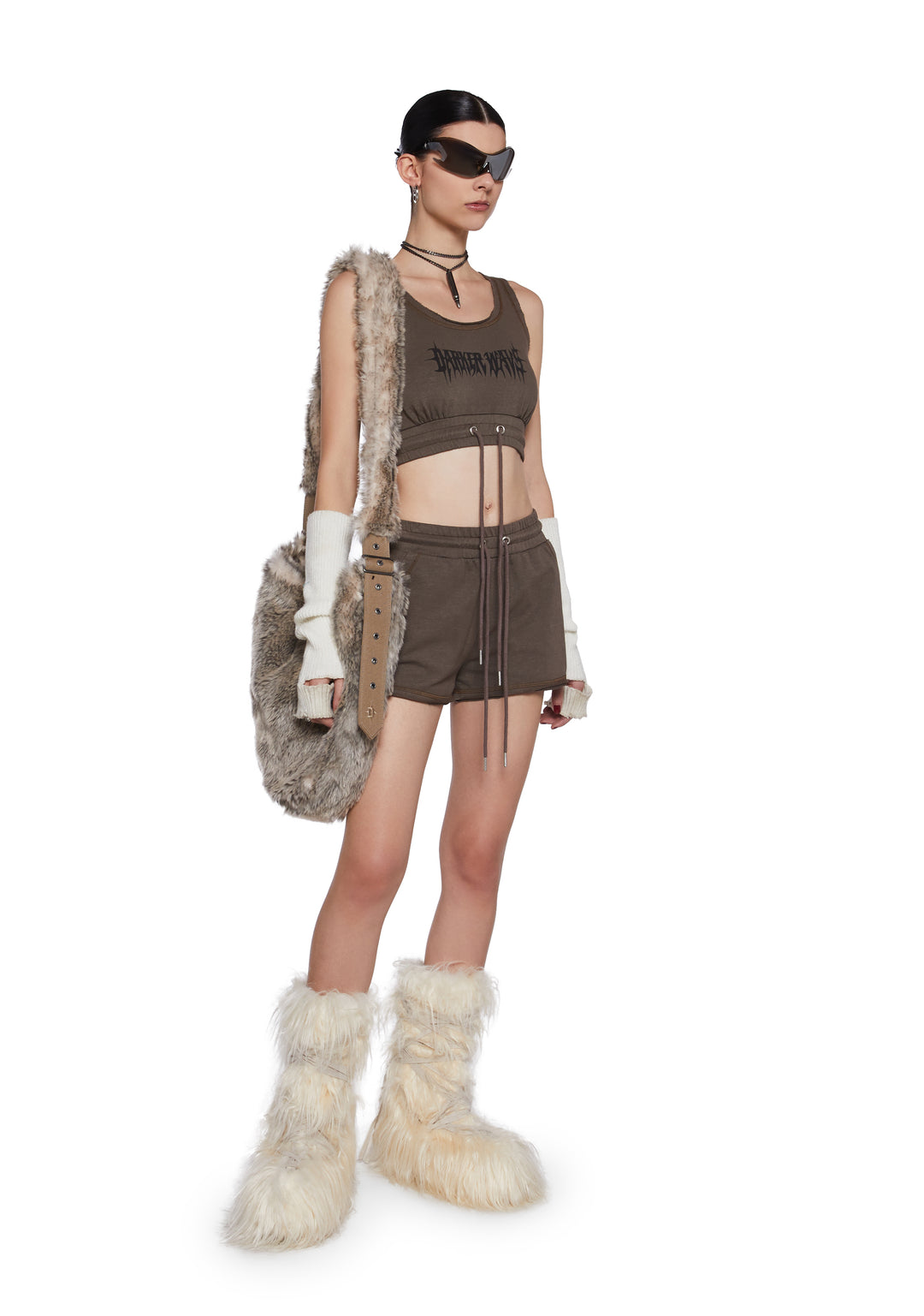 Washed Knit Cropped Tank Top And Shorts Lounge Set Darker Wavs - Brown - Image 2