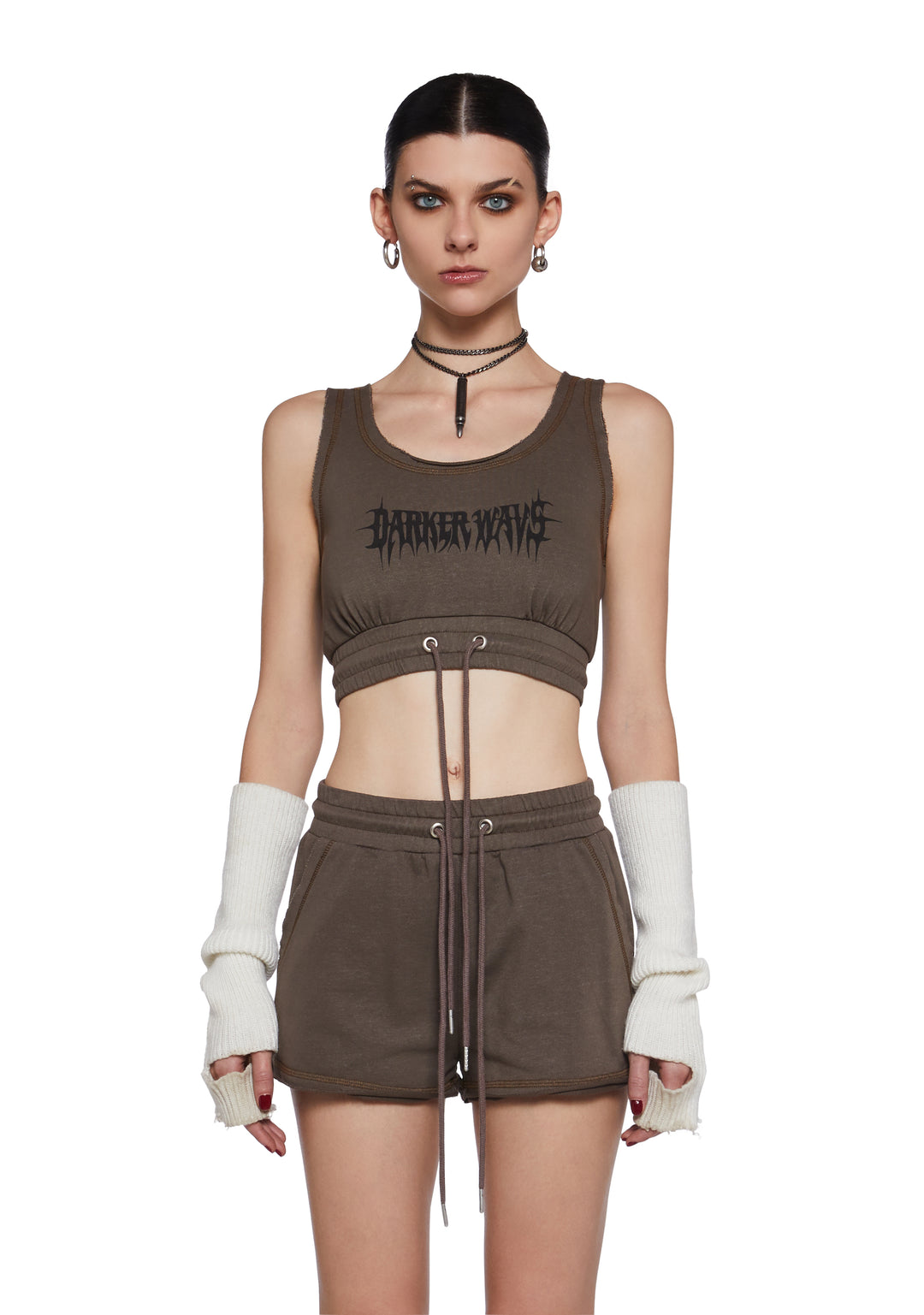 Washed Knit Cropped Tank Top And Shorts Lounge Set Darker Wavs - Brown