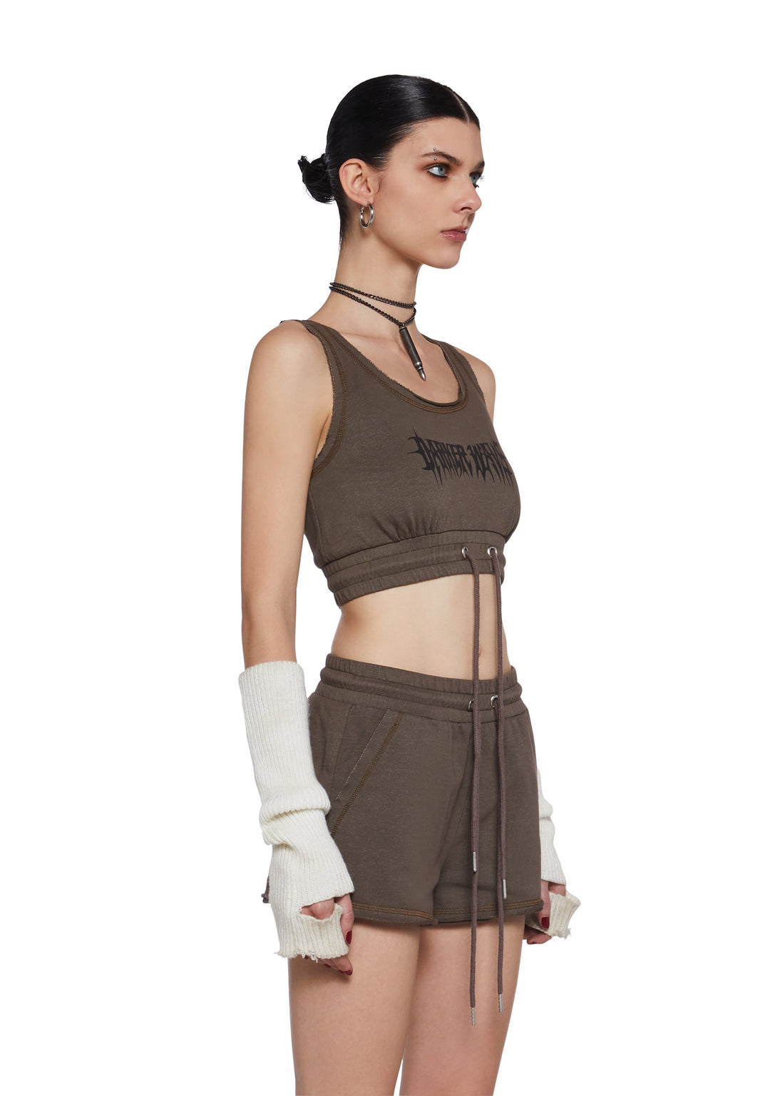 Washed Knit Cropped Tank Top And Shorts Lounge Set Darker Wavs - Brown - Image 3