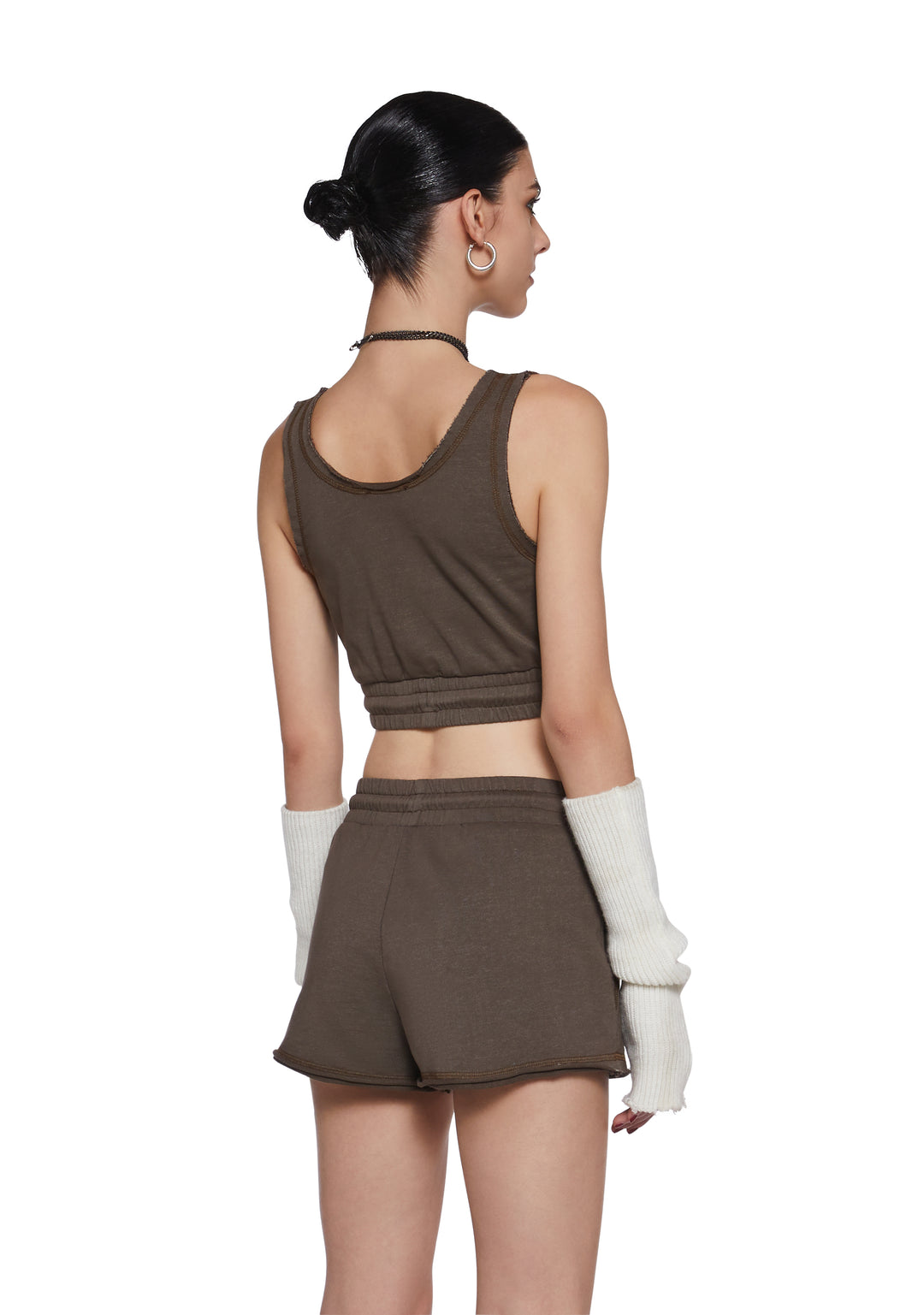 Washed Knit Cropped Tank Top And Shorts Lounge Set Darker Wavs - Brown - Image 4