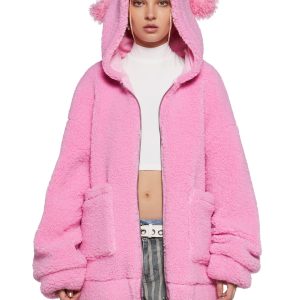 Poodle Fuzzy Faux Fur Sherpa Hooded Jacket Delia's - Pink