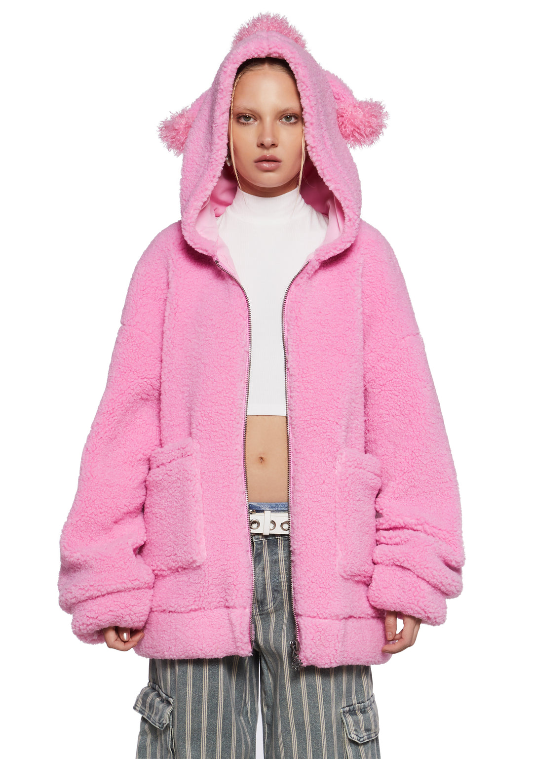 Poodle Fuzzy Faux Fur Sherpa Hooded Jacket Delia's - Pink