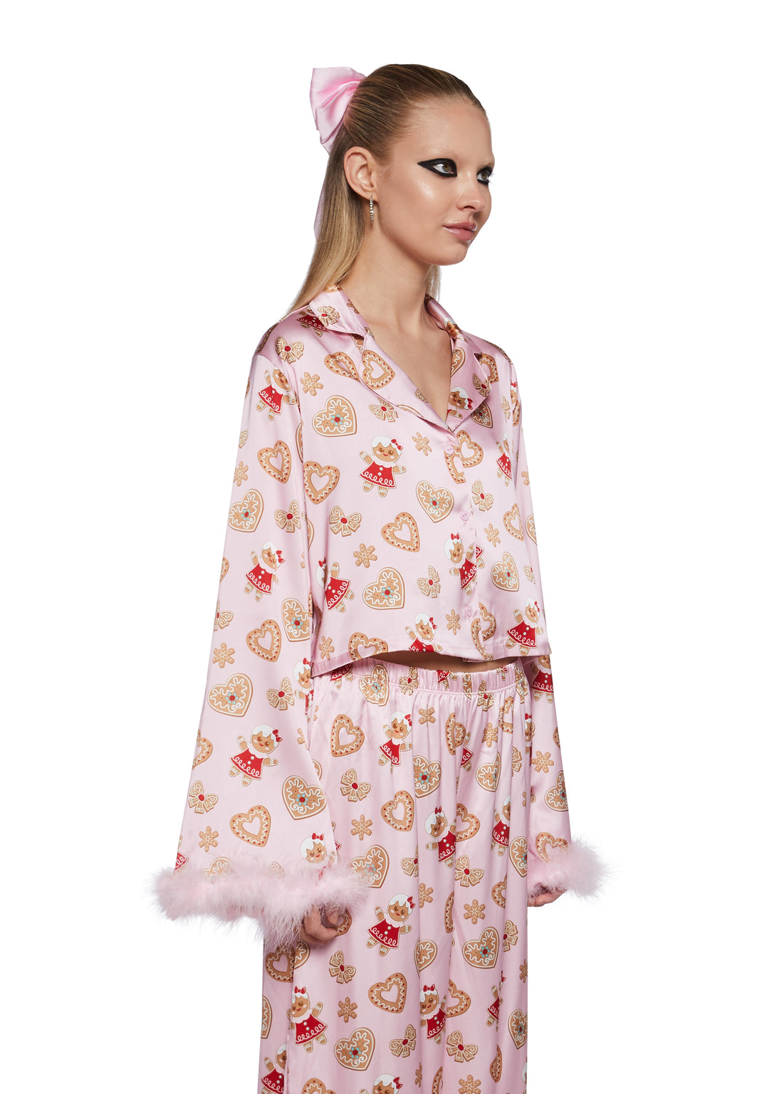 Gingerbread Christmas Holiday Print Marabou Cropped Pajama Top Sugar Thrillz - Pink - Image 3