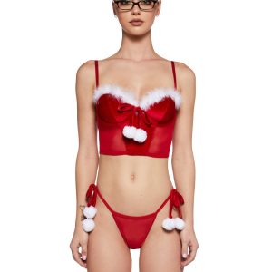 Womens Sexy Corset Bra Top And Thong Set Christmas Sugar Thrillz - Red