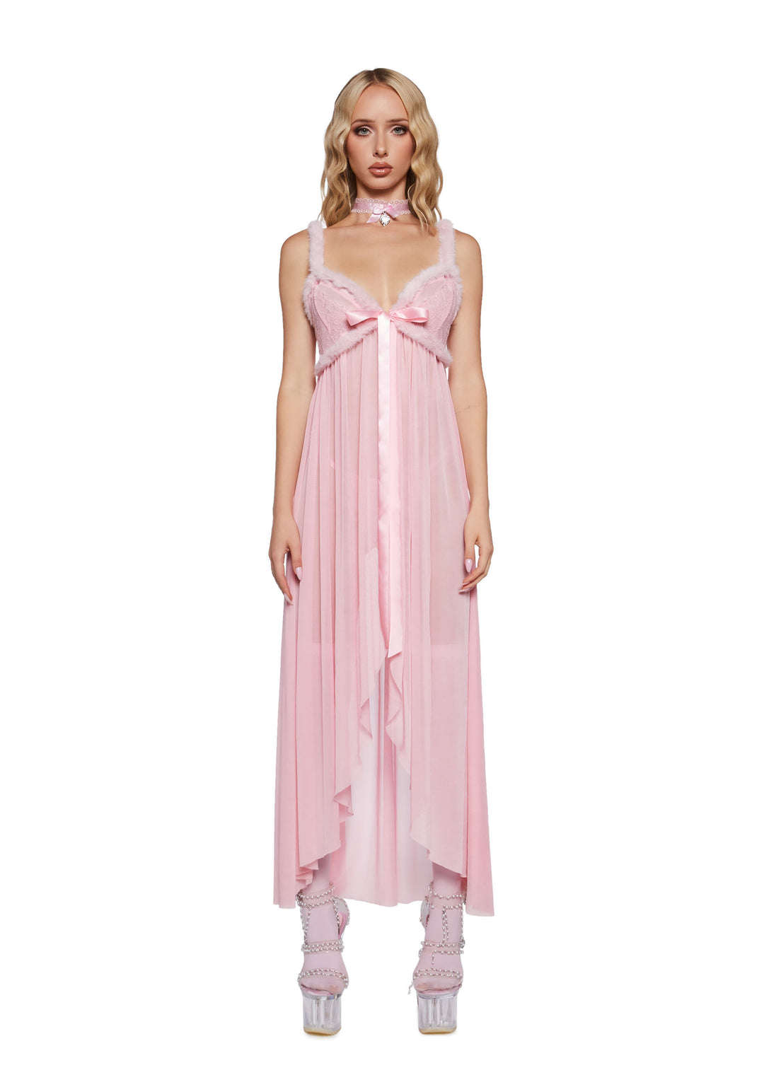 Sheer Mesh Floral Lace Faux Fur Two Piece Lingerie Set Sugar Thrillz - Pink - Image 5