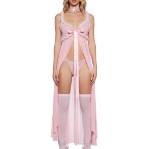 Sheer Mesh Floral Lace Faux Fur Two Piece Lingerie Set Sugar Thrillz - Pink