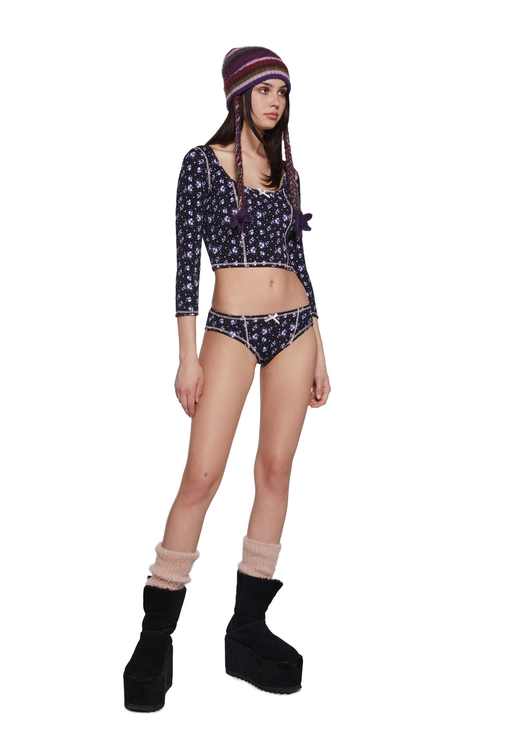 Waffle Knit Ditzy Floral Three-Quarter Length Sleeve Top Hipster Panty PJ Set Delia's - Black - Image 2