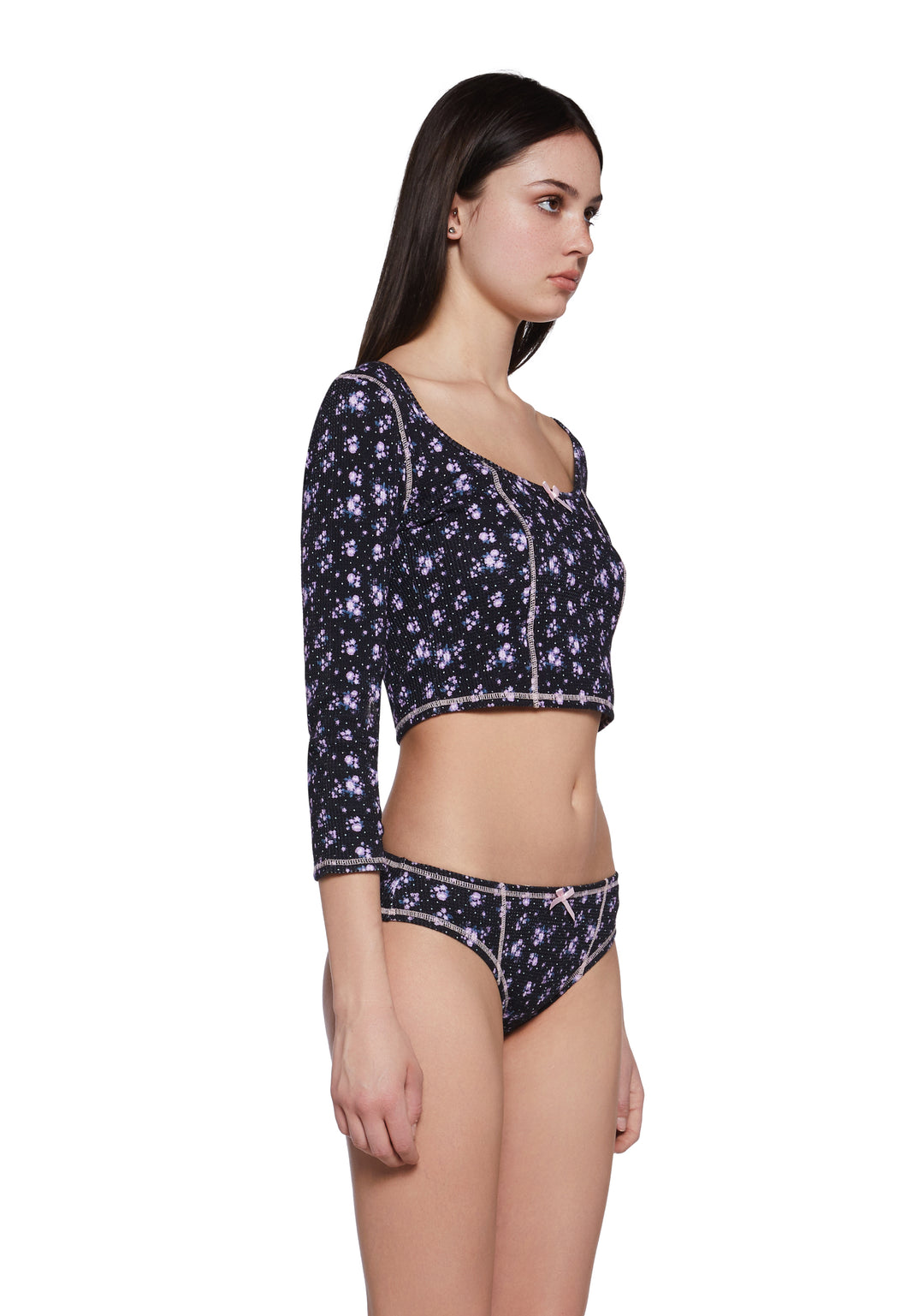 Waffle Knit Ditzy Floral Three-Quarter Length Sleeve Top Hipster Panty PJ Set Delia's - Black - Image 3